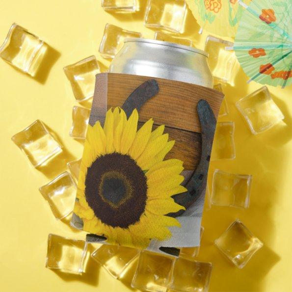 Sunflower and Horseshoe Western Wedding Favor Can Cooler