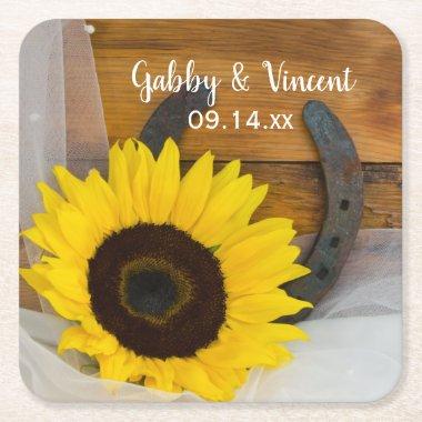 Sunflower and Horseshoe Western Wedding Square Paper Coaster