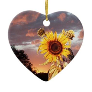 SUNFLOWER AND PINK SUMMER SUNSET Heart Ceramic Ornament