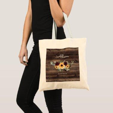 Sunflower and Roses Rustic Wood Wedding Bridesmaid Tote Bag