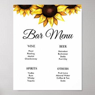 Sunflower Bar Menu White Yellow Floral Sign Poster