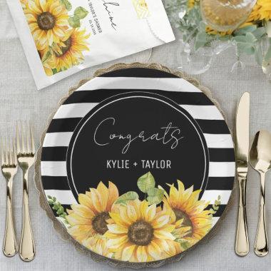 Sunflower Black and White Stripes Wedding Shower Paper Plates