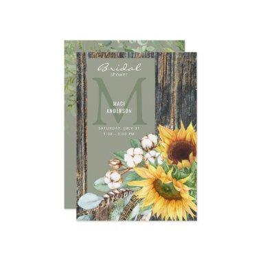 Sunflower Bloom Rustic Wood Sage Bridal Shower Invitations