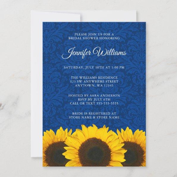 Sunflower Blue Damask Bridal Shower Invitations