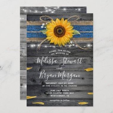 Sunflower Blue Lace Rustic Wood Wedding Invitations