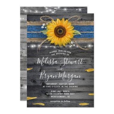 Sunflower Blue Lace Rustic Wood Wedding Invitations