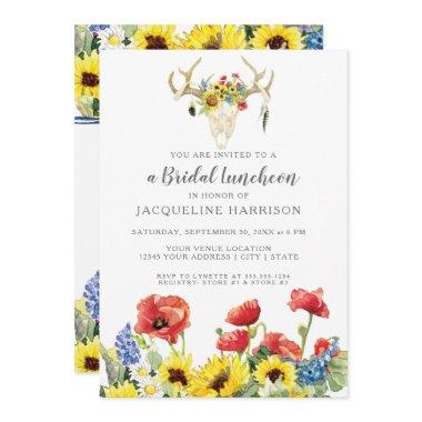 Sunflower BOHO Deer Skull Antlers Bridal Luncheon Invitations