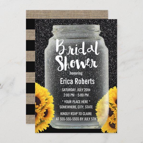 Sunflower Bridal Shower Mason Jar Black Glitter Invitations