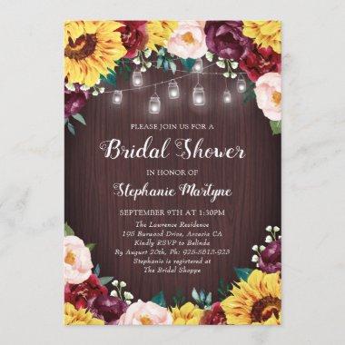 Sunflower Bridal Shower Mason Jars Burgundy Invitations