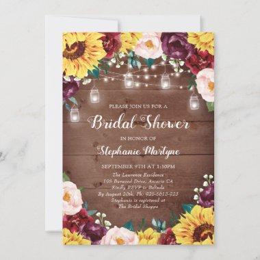 Sunflower Bridal Shower Mason Jars Lights Wood Invitations