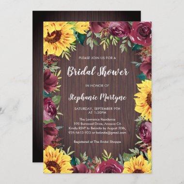 Sunflower Burgundy Floral Wood Bridal Shower Invitations