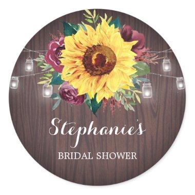 Sunflower Burgundy Jars Wood Bridal Shower Classic Round Sticker