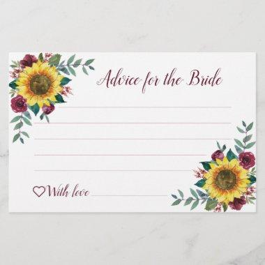Sunflower Burgundy Rose Bridal Shower Advice Cards
