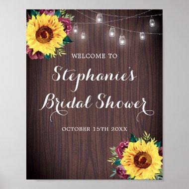 Sunflower Burgundy Rose Jars Wood Bridal Shower Poster
