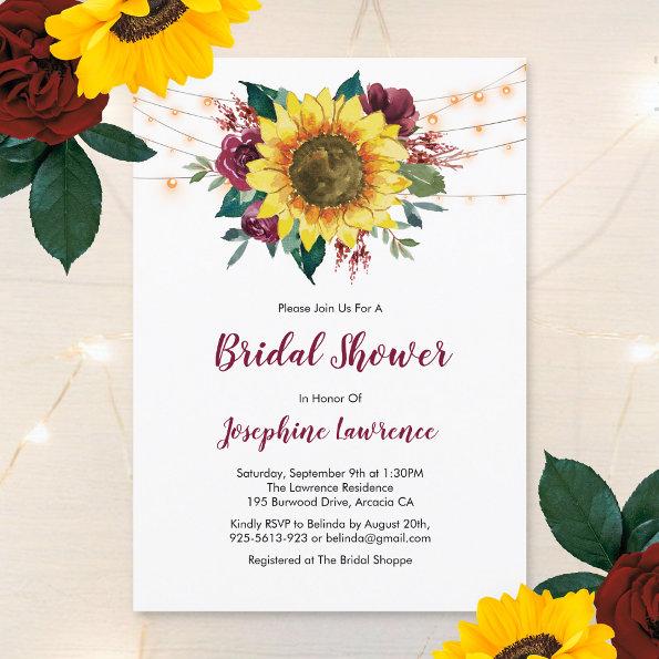 Sunflower Burgundy Rose Lights Bridal Shower Invitations