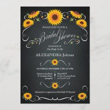 Sunflower Chalkboard Floral Bridal Shower Vintage Invitations