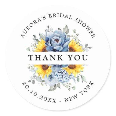 Sunflower Dusty Blue Slate Bridal Shower Thank you Classic Round Sticker