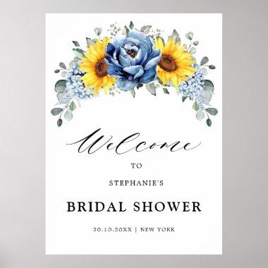 Sunflower Dusty Blue Slate Bridal Shower Welcome  Poster
