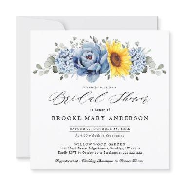 Sunflower Dusty Blue Slate Peony Bridal Shower Invitations