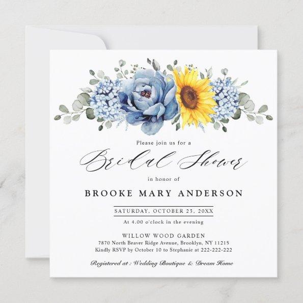 Sunflower Dusty Blue Slate Peony Bridal Shower Invitations