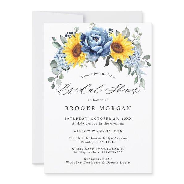 Sunflower Dusty Blue Slate Peony Bridal Shower Invitations