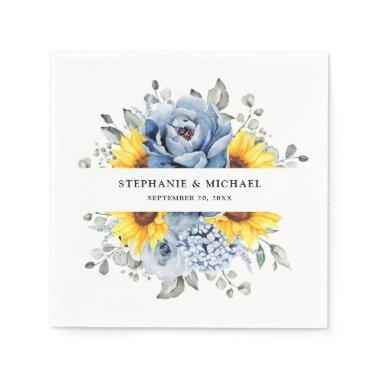 Sunflower Dusty Blue Slate Peony Floral Wedding Napkins