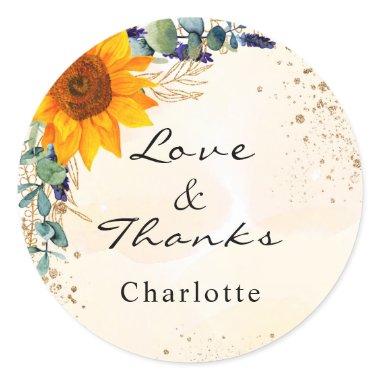 Sunflower eucalyptus glitter dust monogram thanks classic round sticker