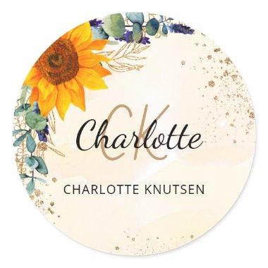 Sunflower eucalyptus glitter monogram classic round sticker