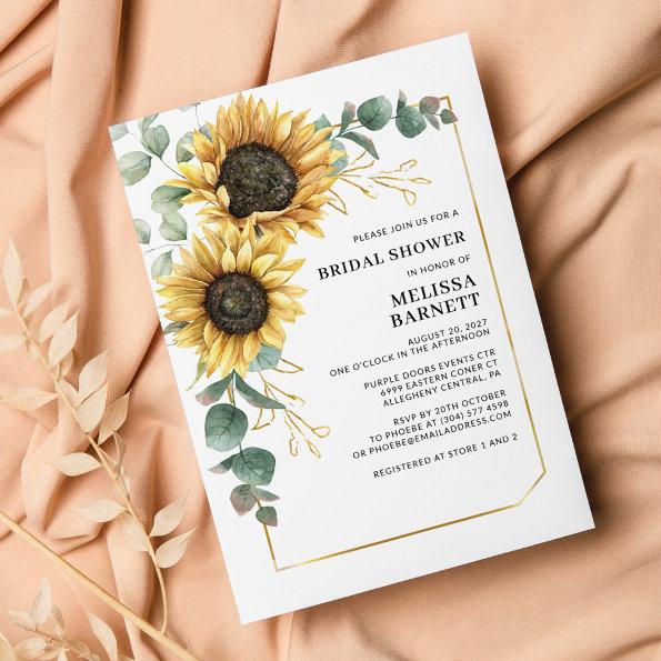 Sunflower Eucalyptus Gold Frame Bridal Shower Invitations