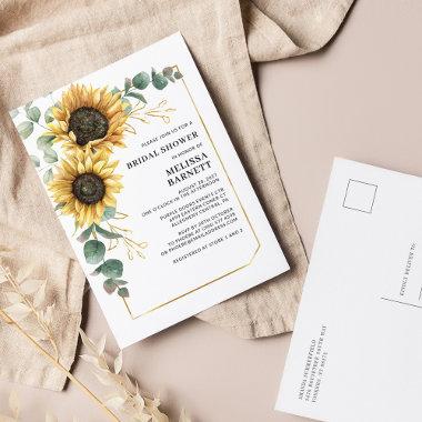Sunflower Eucalyptus Gold Frame Bridal Shower Invitation PostInvitations