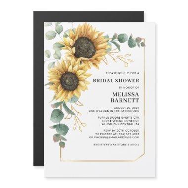 Sunflower Eucalyptus Gold Frame Bridal Shower Magnetic Invitations
