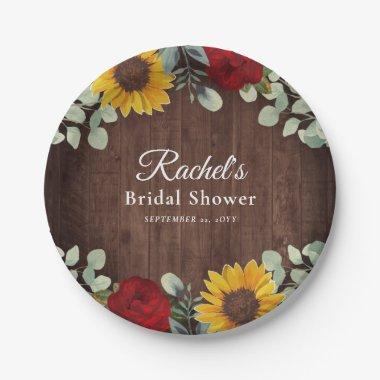 Sunflower Eucalyptus Red Roses Wood Bridal Shower Paper Plates