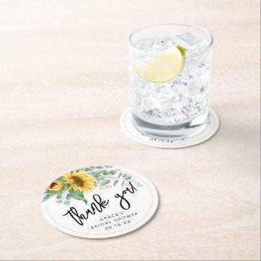 Sunflower Eucalyptus Thank You Bridal Shower Round Paper Coaster