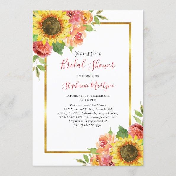 Sunflower Fall Floral Gold Border Bridal Shower Invitations
