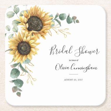 Sunflower Faux Gold Floral Script Bridal Shower Square Paper Coaster