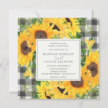 Sunflower Fields Buffalo Plaid Wedding Invitations
