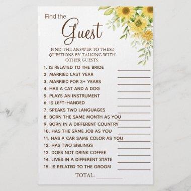 Sunflower Find the Guest Bridal shower game Invitations Flyer