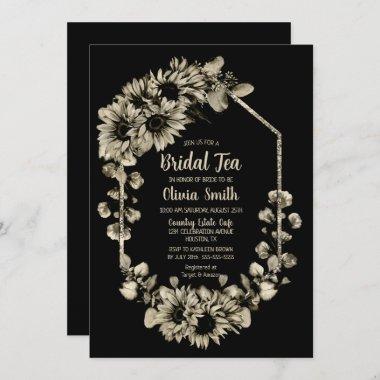 Sunflower Floral Black Bridal Tea Invitations