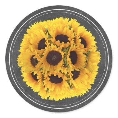 Sunflower Floral Bouquet Chalkboard Rustic Wedding Classic Round Sticker