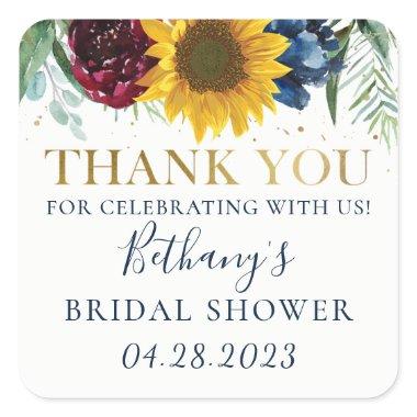 Sunflower Floral  Gold Thank You Squa Square Sticker