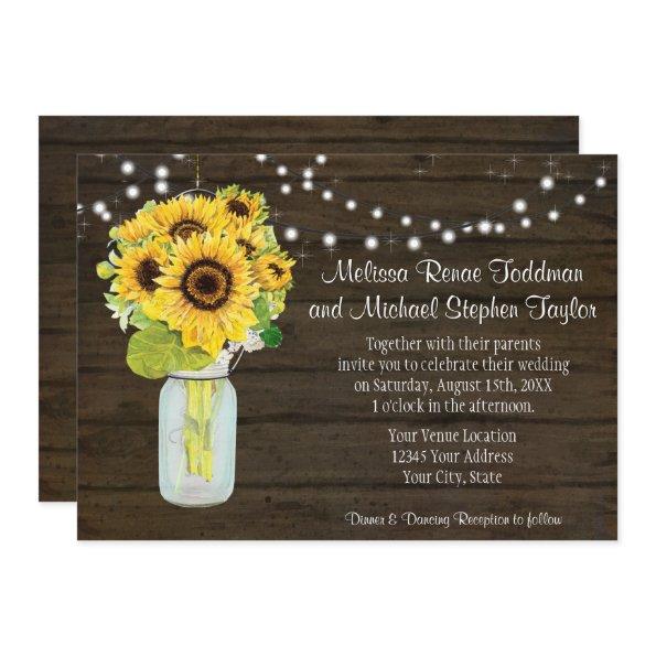 Sunflower Floral Rustic Country Mason Jar Lights I Invitations