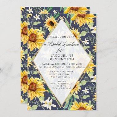 Sunflower Floral Watercolor Foliage Navy Bridal Invitations