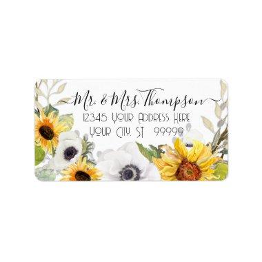 Sunflower Floral Watercolor Yellow White Foliage L Label