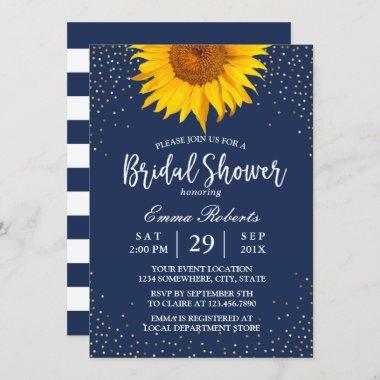 Sunflower Gold Confetti Navy Blue Bridal Shower Invitations