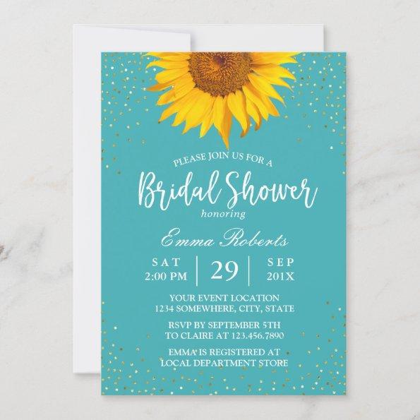 Sunflower Gold Confetti Turquoise Bridal Shower Invitations