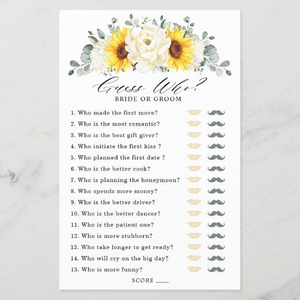 Sunflower Ivory Peony Bridal Shower Game Guess Who