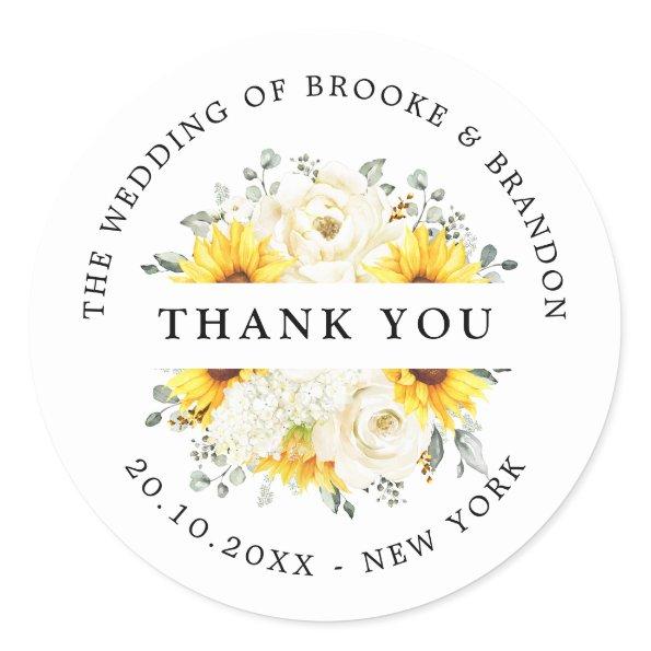 Sunflower Ivory Peony Floral Wedding Thank you Classic Round Sticker