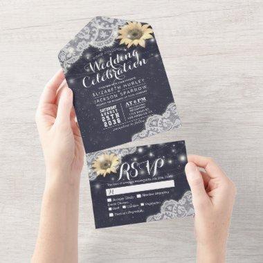 Sunflower Lace String Light Navy Blue Wedding RSVP All In One Invitations