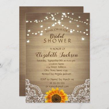 Sunflower, Lace, Wood Rustic Bridal Shower Invitations