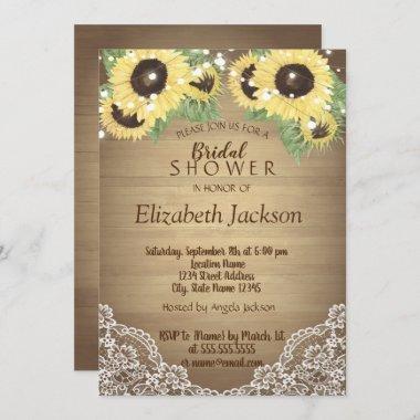 Sunflower, Lace,Wood,String Lights Bridal Shower Invitations